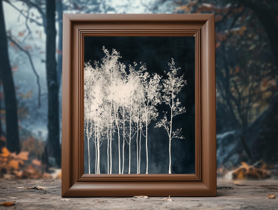 White Aspen Grove Silhouettes Dark Navy Background Elegant Art Poster - Image 4