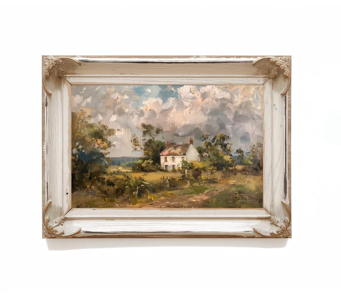 Antique Oil Painting White Farmhouse Cloudy Sky Country Print