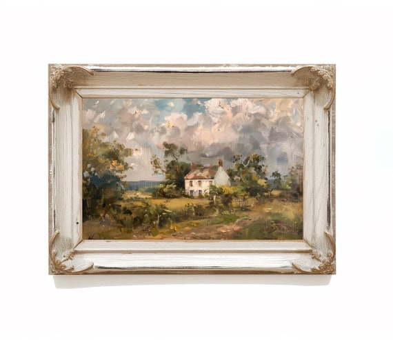 Antique Oil Painting Farmhouse Decor Vintage Country River Landscape Painting Art Rustic Wall Art For Home Decor Gift Idea