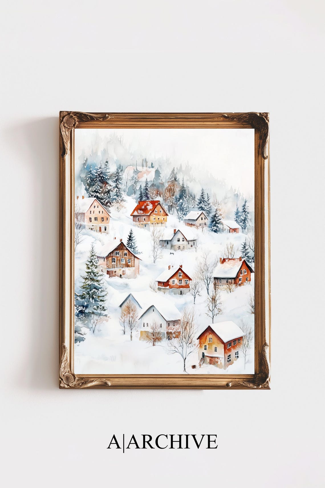 Snowy Evergreen Village Winter Scene Watercolor Christmas Poster