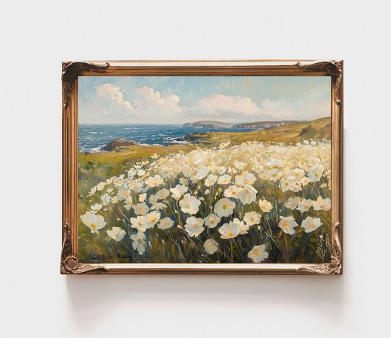 White Cosmos Flower Field Coastal Cliffs Sea Summer Landscape Poster