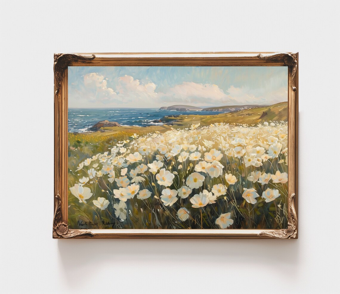 White Cosmos Flower Field Coastal Cliffs Sea Summer Landscape Poster
