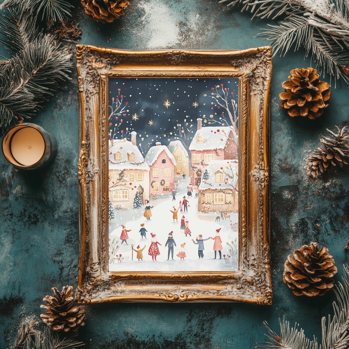 Snowy Christmas Village Night Scene Watercolor Holiday Poster - Image 2