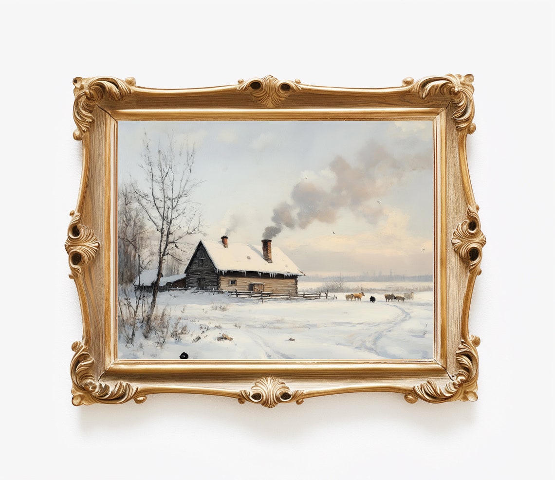 Log Cabin Winter Farm Horses Snowfield Fence Rustic Country Poster - Image 3