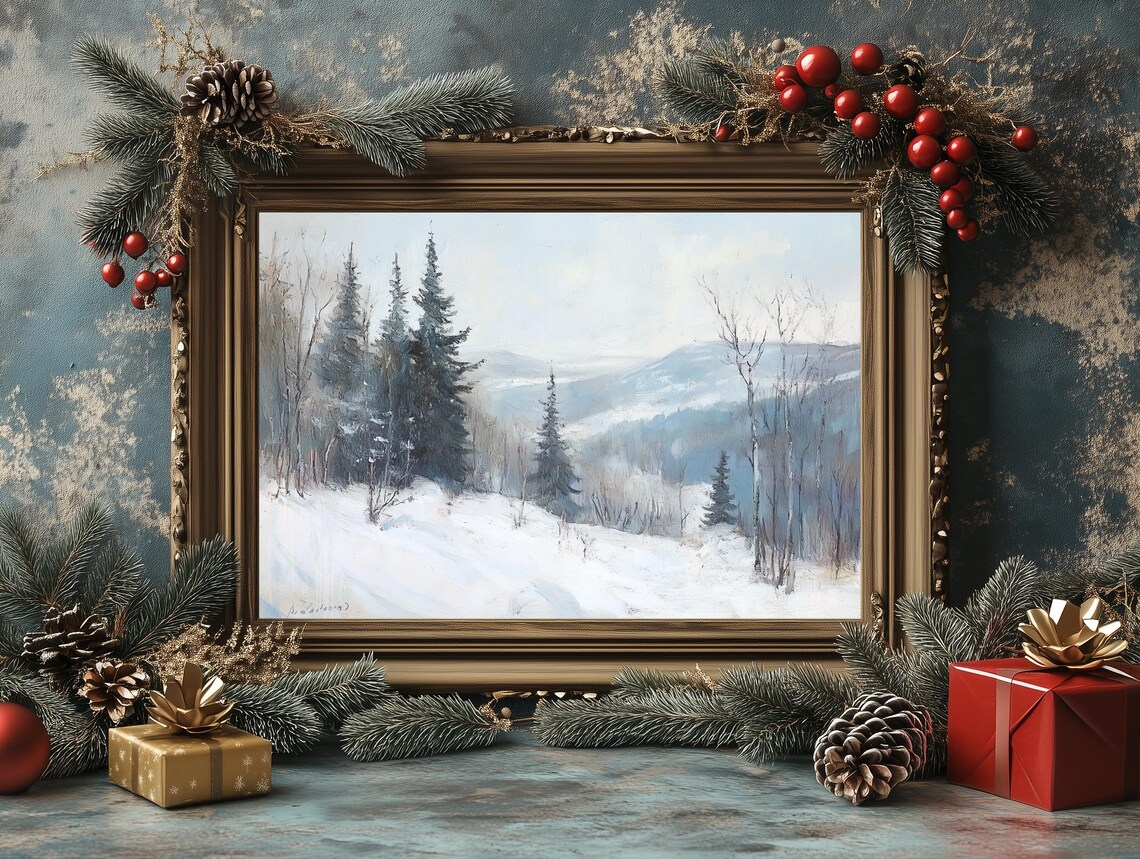 Christmas Home Art Winter Landscape Scene Snowy Forest Painting Rustic Nordic Farmhouse Oil Painting Holiday Art - Image 4