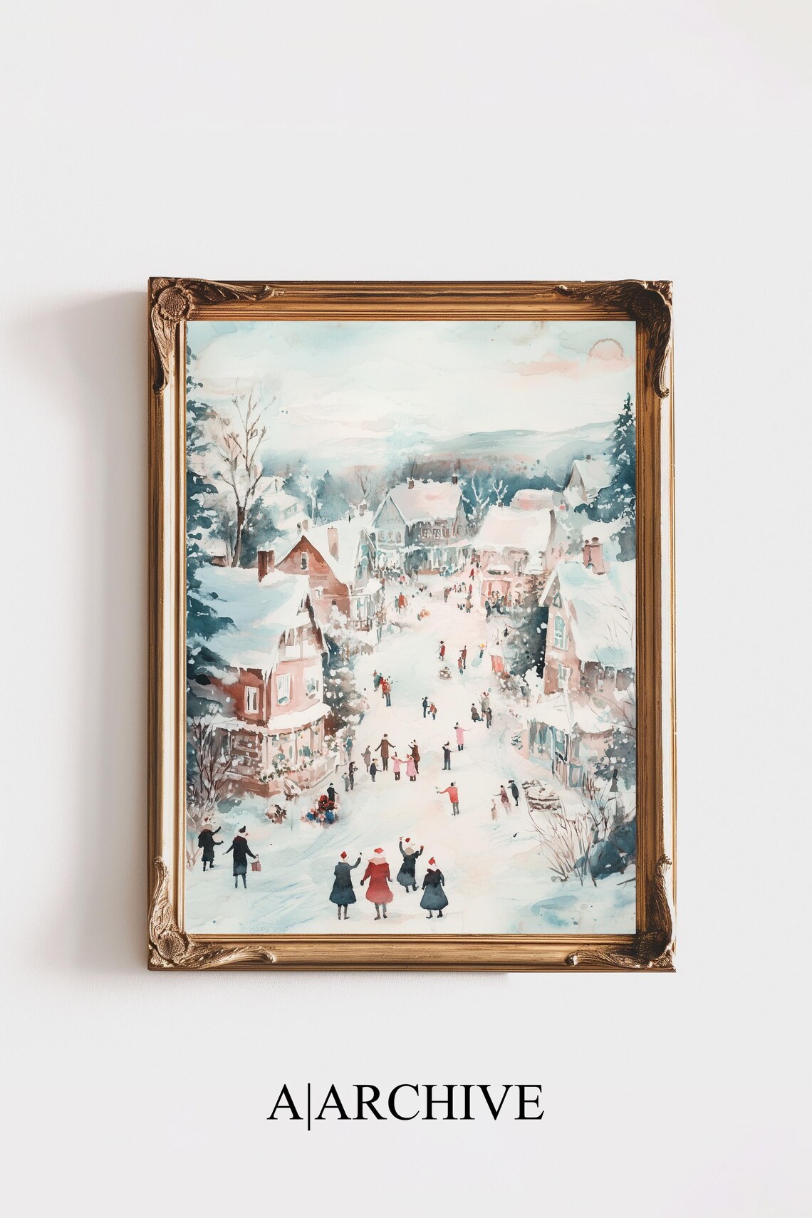Winter Village Street Scene Watercolor Snowy Christmas Holiday Poster