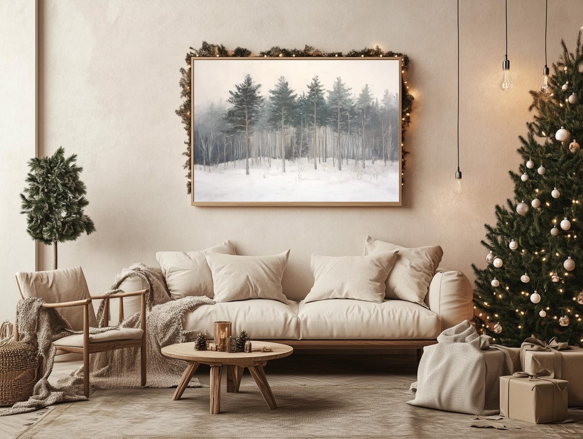Foggy Winter Pine Forest Thin Spaced Trees Minimal Snow Scene Poster - Image 3