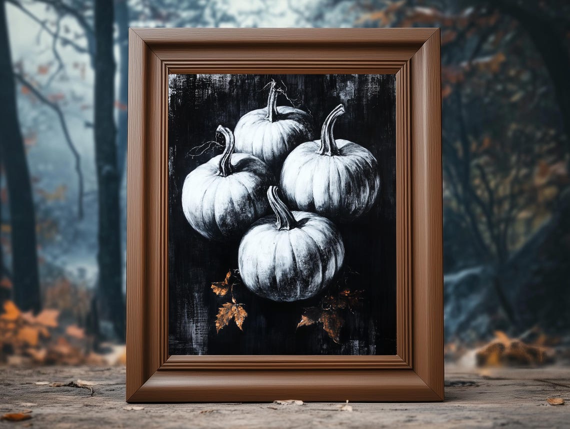 White Pumpkins Black Gothic Charcoal Fall Botanical Art Poster - Image 4