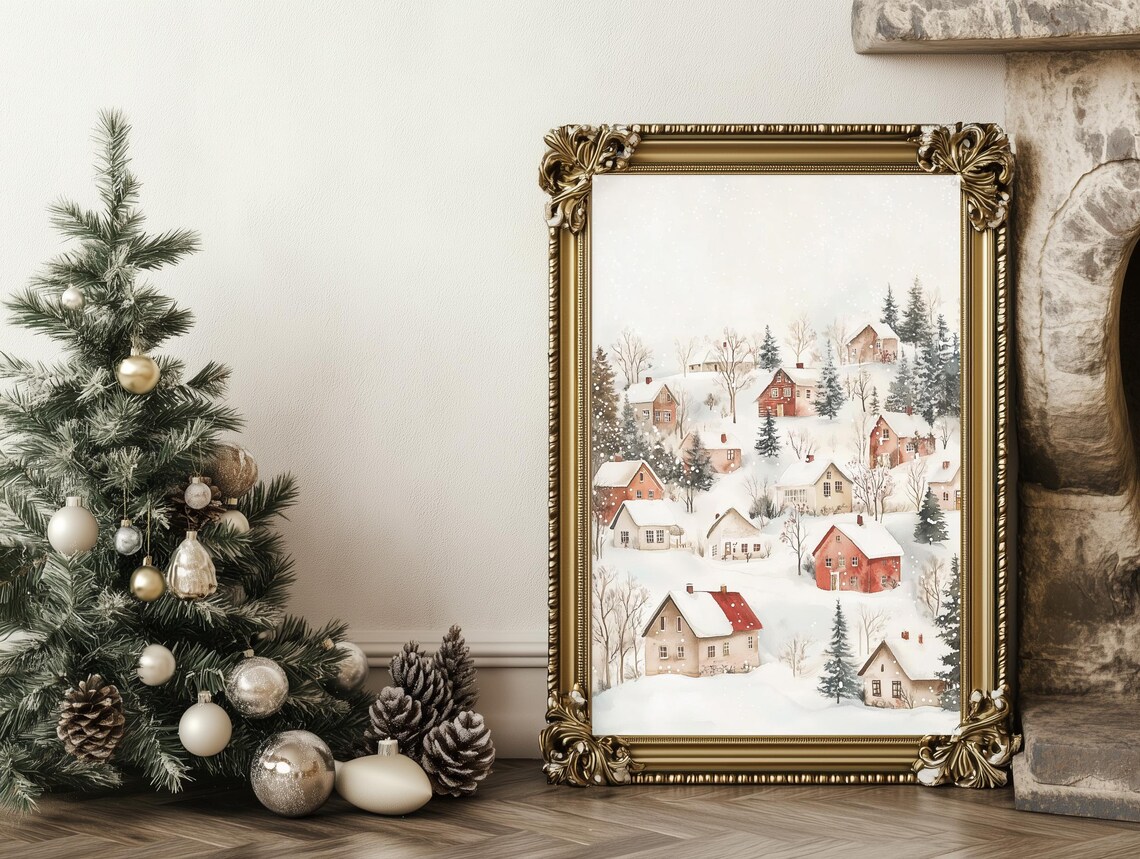 Watercolor Winter Village Snow Scene Red Houses Christmas Poster - Image 4