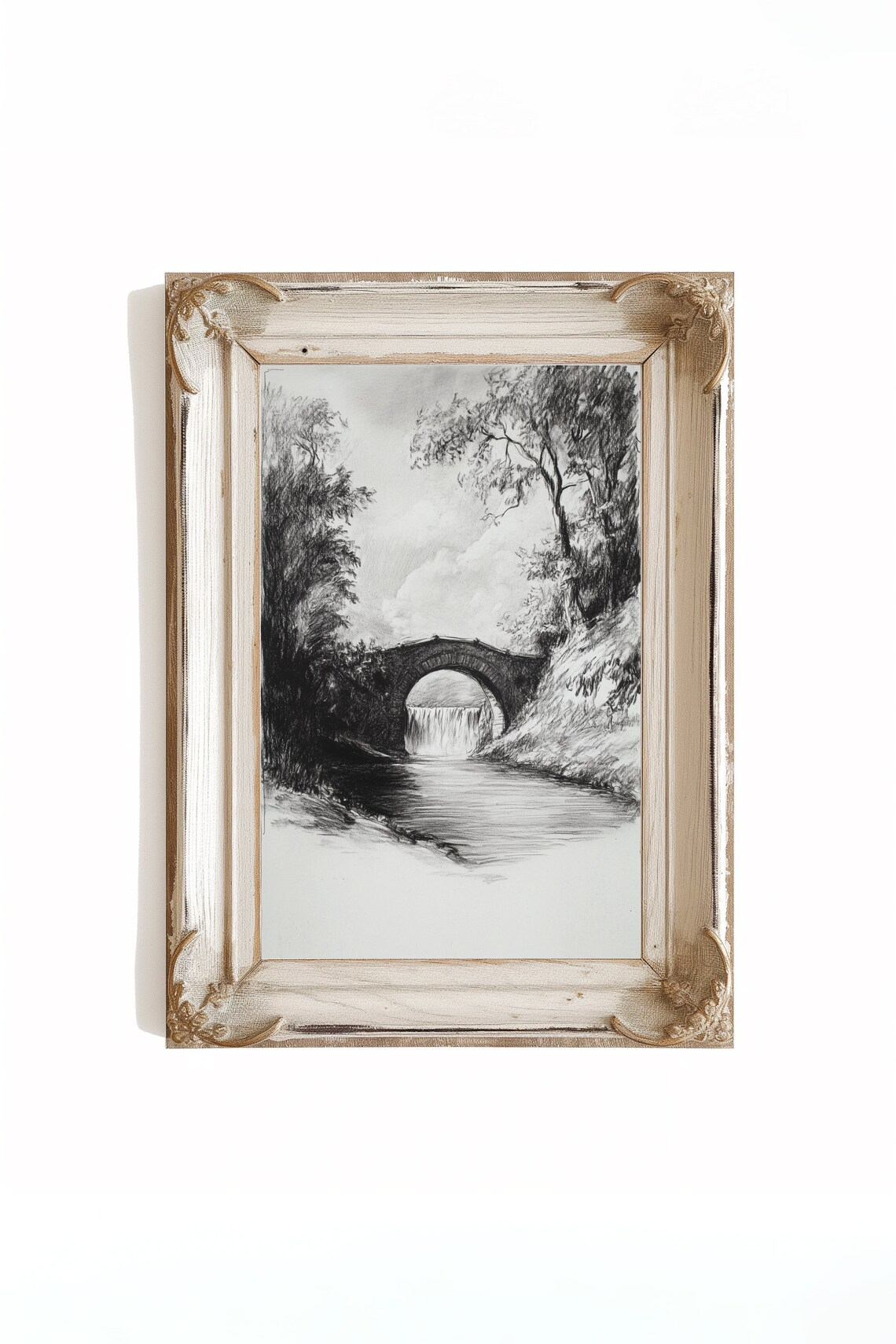 Vintage Etching Landscape Sketch, Bridge And Trees - Image 4