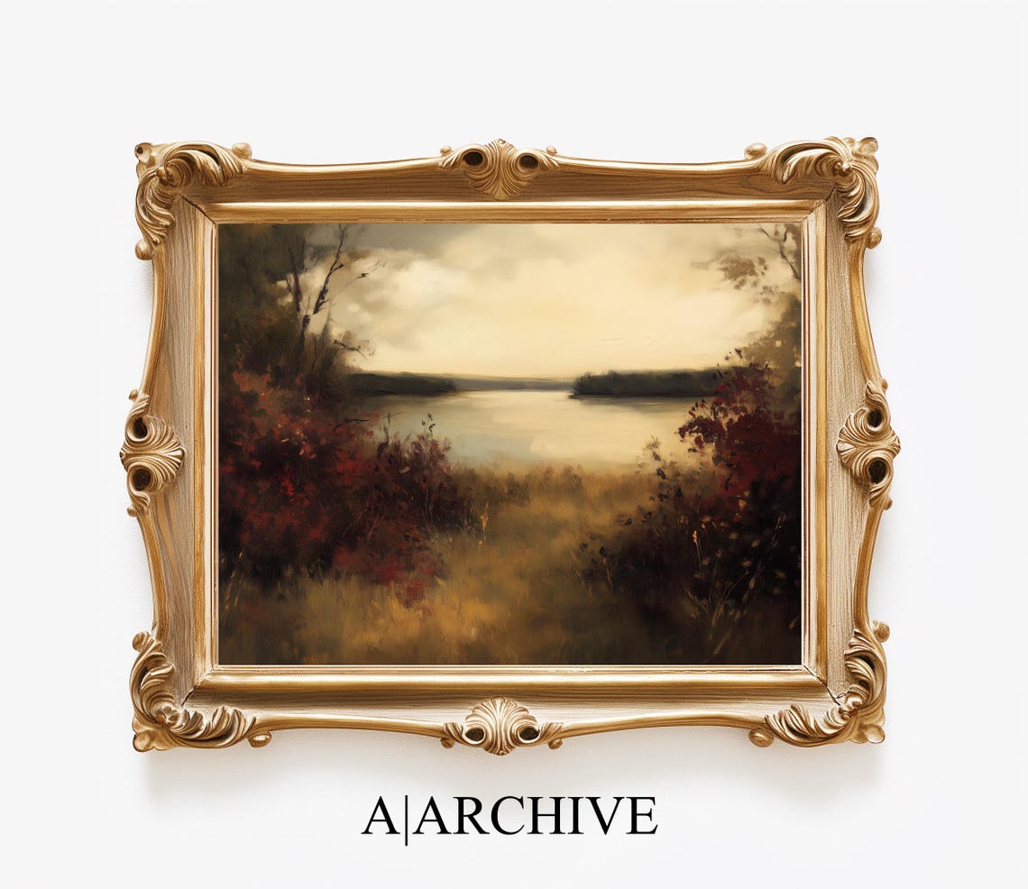 Moody Autumn Lake Landscape Vintage Golden Hour Oil Painting Poster - Image 4