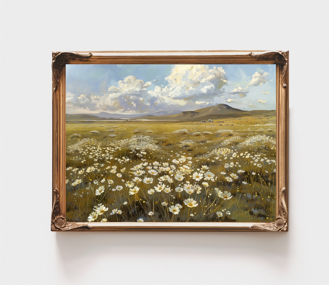 White Daisy Field Mountain Meadow Blue Sky Clouds Summer Art Poster - Image 3