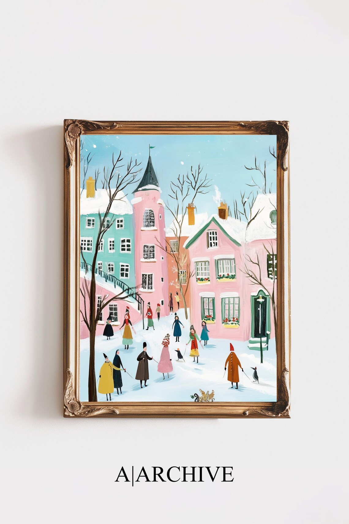 Colorful Pastel Winter Village Street Scene Retro Holiday Poster
