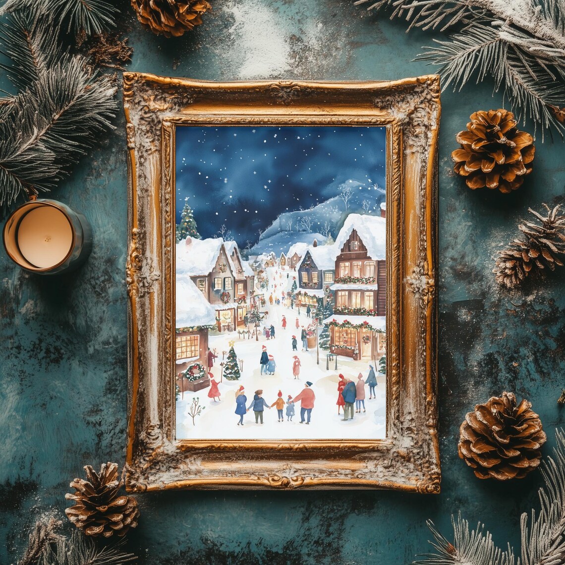 Christmas Village Main Street Night Scene Watercolor Holiday Poster - Image 2