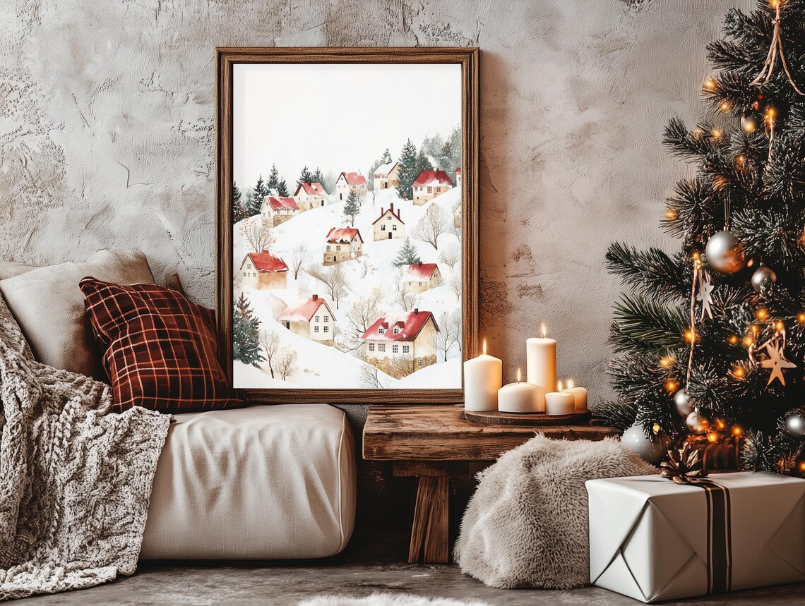 Snowy Village Red Roof Houses Winter Watercolor Scene Poster - Image 4