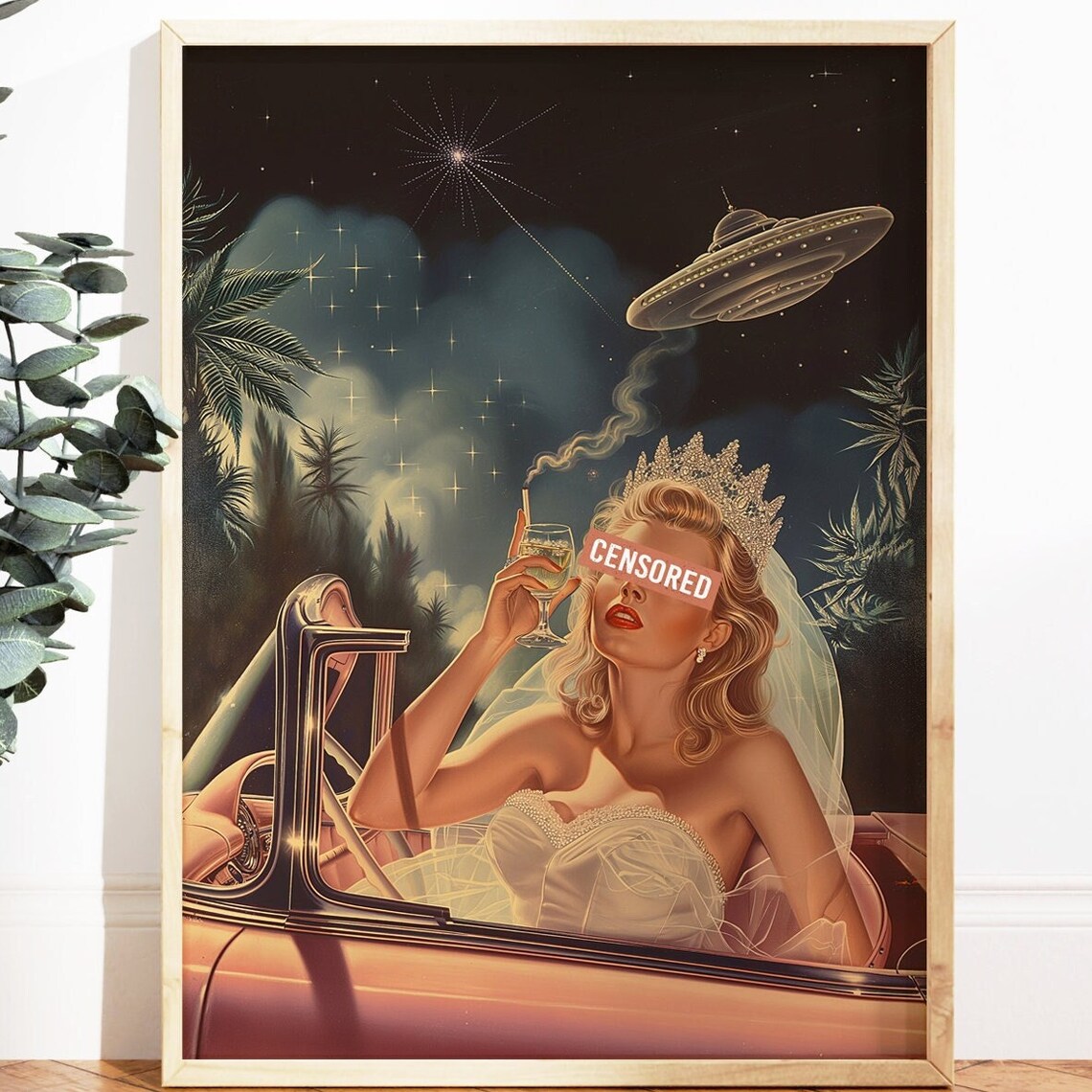 Vintage Pin-Up Bride in a Convertible Under a Starry UFO Night Poster