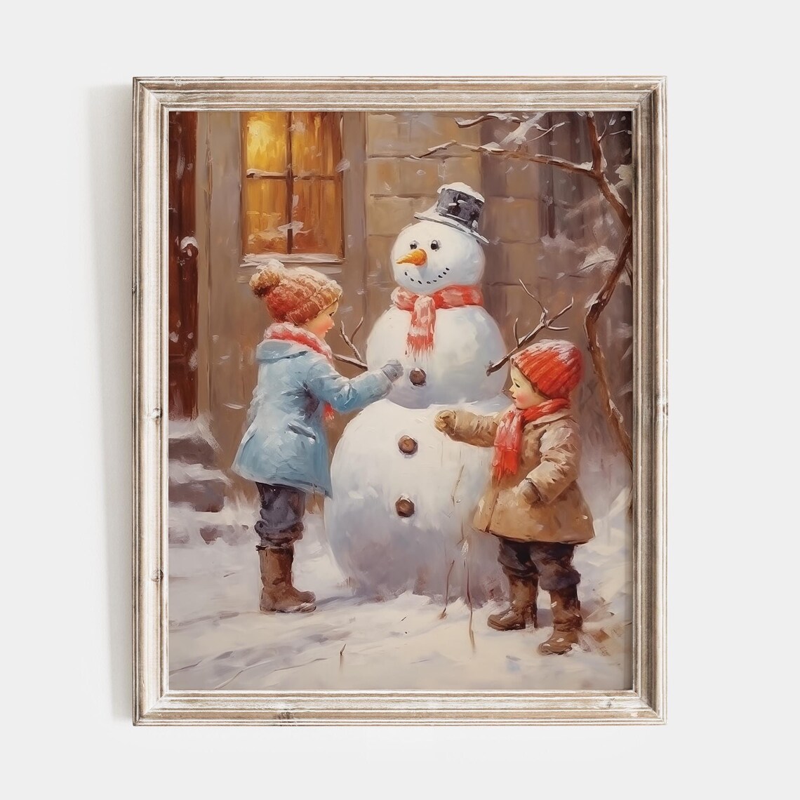 Two Children Building A Snowman By A Warmly Lit Window Poster