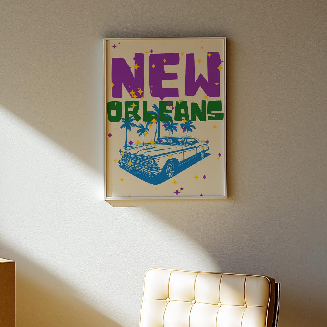 New Orleans Vintage Classic Car Palm Trees Retro Travel Poster