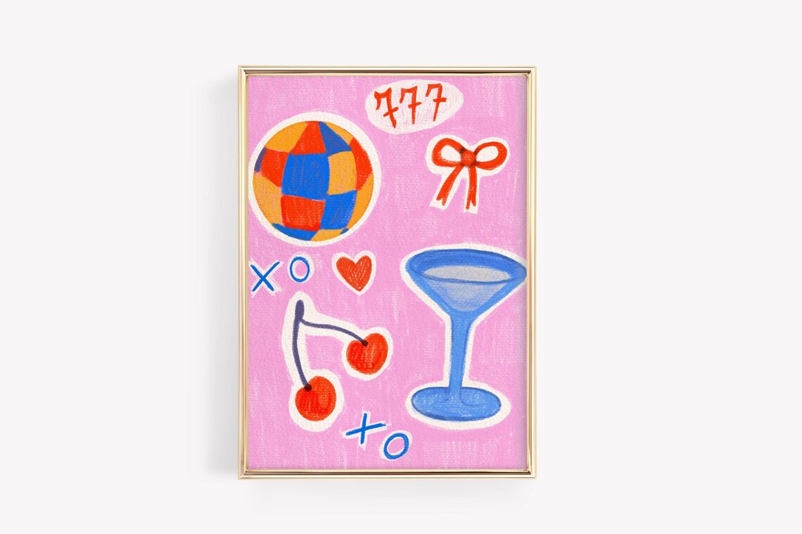 Retro Disco Cherries Cocktail Pop Art Poster