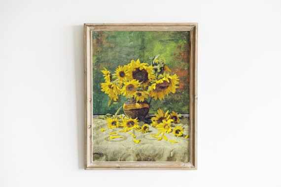 Vintage Sunflower Botanical Art Print, Farmhouse Decor