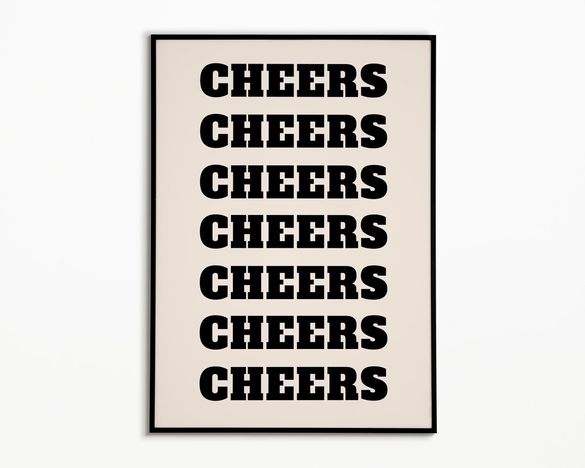 Cheers Repeated Bold Black Type Cream Modern Bar Cart Decor Poster - Image 2