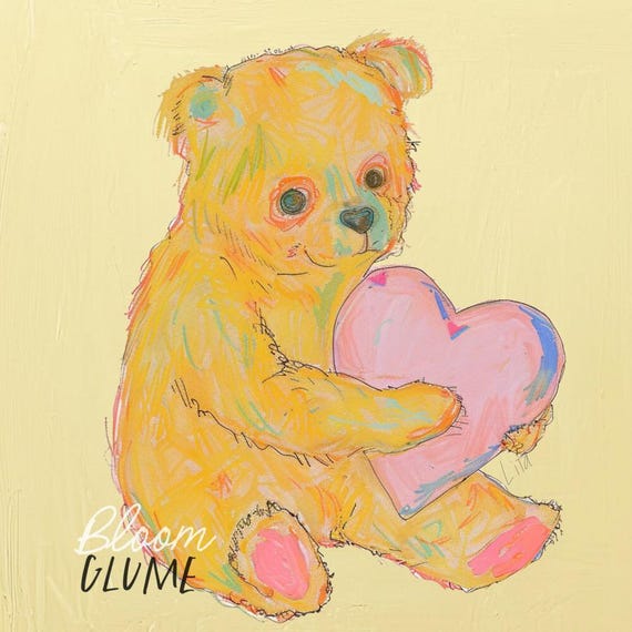 Vintage Inspired Teddy Valentines Day Mini 5x5 Art Print Valentines Art Valentines Decor Creepy Cute Vintage Style Art Pastel Grunge