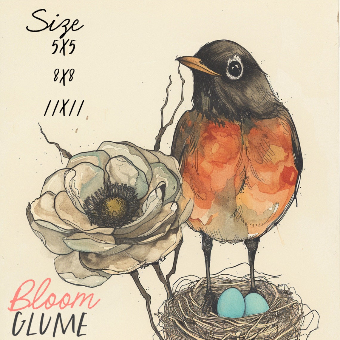 American Robin With Nest Blue Eggs Watercolor Bird Art Print - Image 4