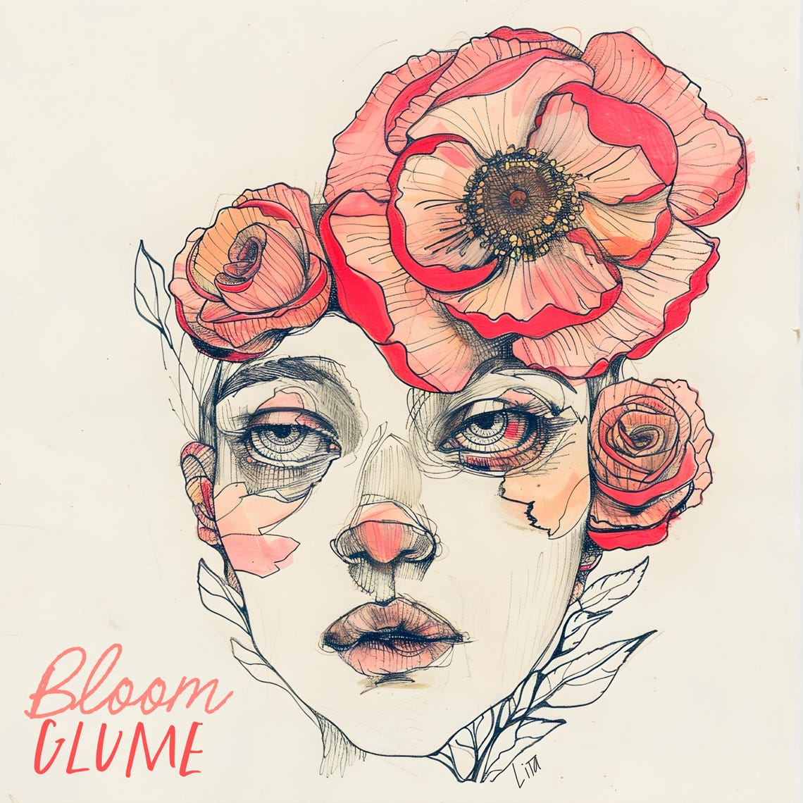 Doodle In Bloom Red Poppy Flower Face Pop Surreal Botanical Art Print - Image 2
