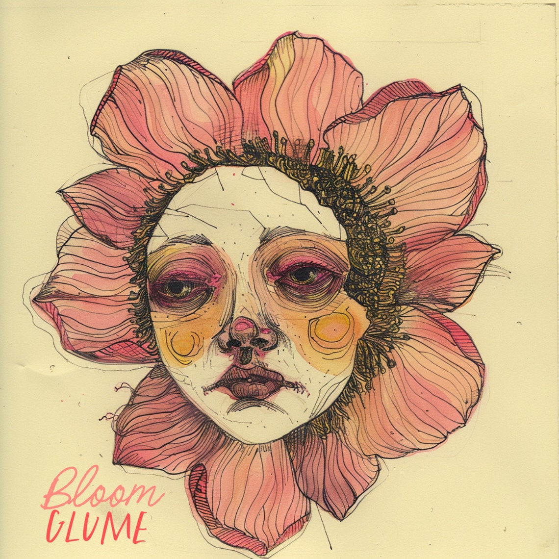 Rue Bloomies Coral Flower Face Lowbrow Botanical Cottagecore Art Print - Image 3