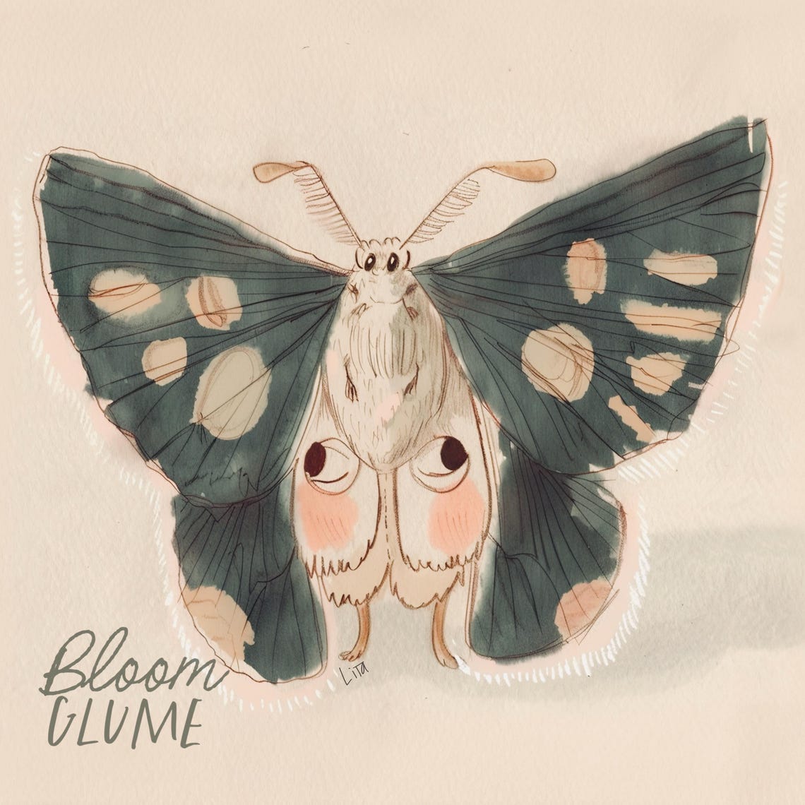 Fuzzy Moth Cute Face Wings Teal Cottagecore Fairytale Insect Art Print - Image 2