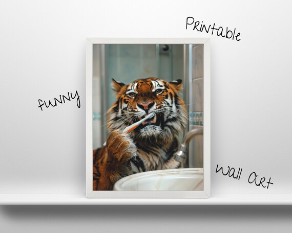 Funny Tiger Tooth Brushing Wall Art L Fun Animal Design Room Decoration Frame Commercial Personal Decor Use