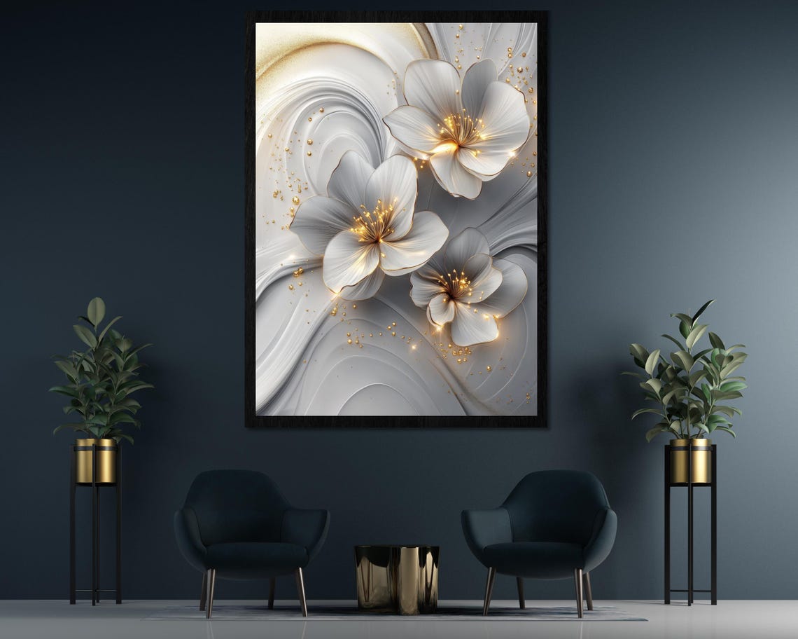 Luxury Grey And White Flowers With Gold Glow On Pearl Swirl Poster