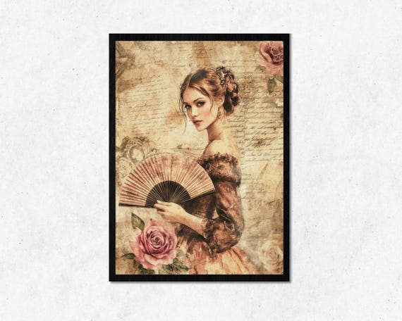 Vintage Beautiful Women With Fan Wall Art L Victorian Distressed Design Home Decoration Frame Old Texture