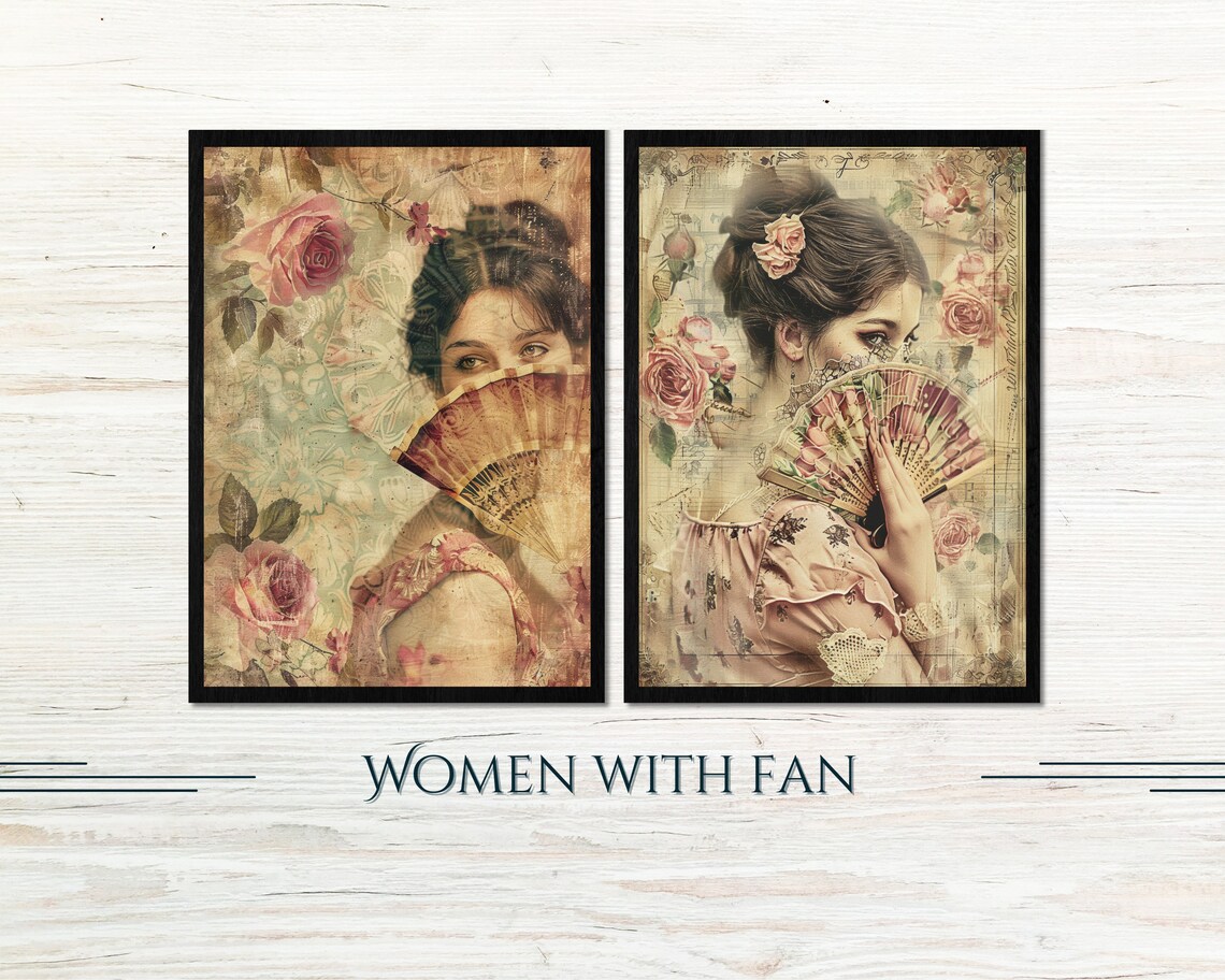 Vintage Romantic Women With Fans Floral Two Piece Poster Set