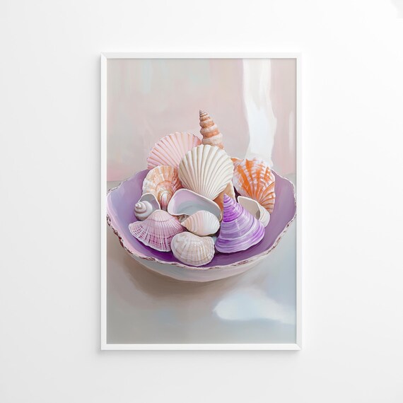 Pastel Seashell Collection Purple Bowl Coastal Still Life Art Poster