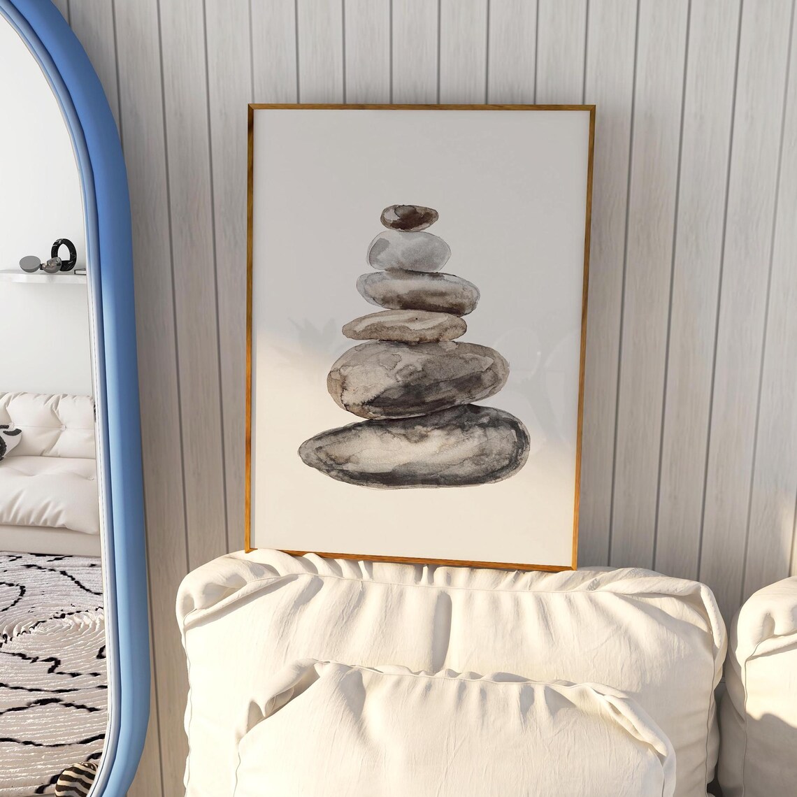 Stacked Zen Stones Minimalist Watercolor Meditation Wall Art
