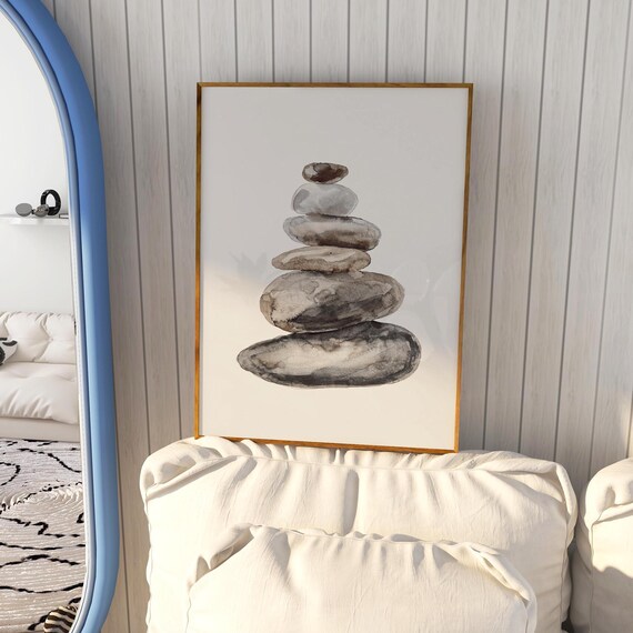 Stacked Zen Stones Minimalist Watercolor Meditation Wall Art