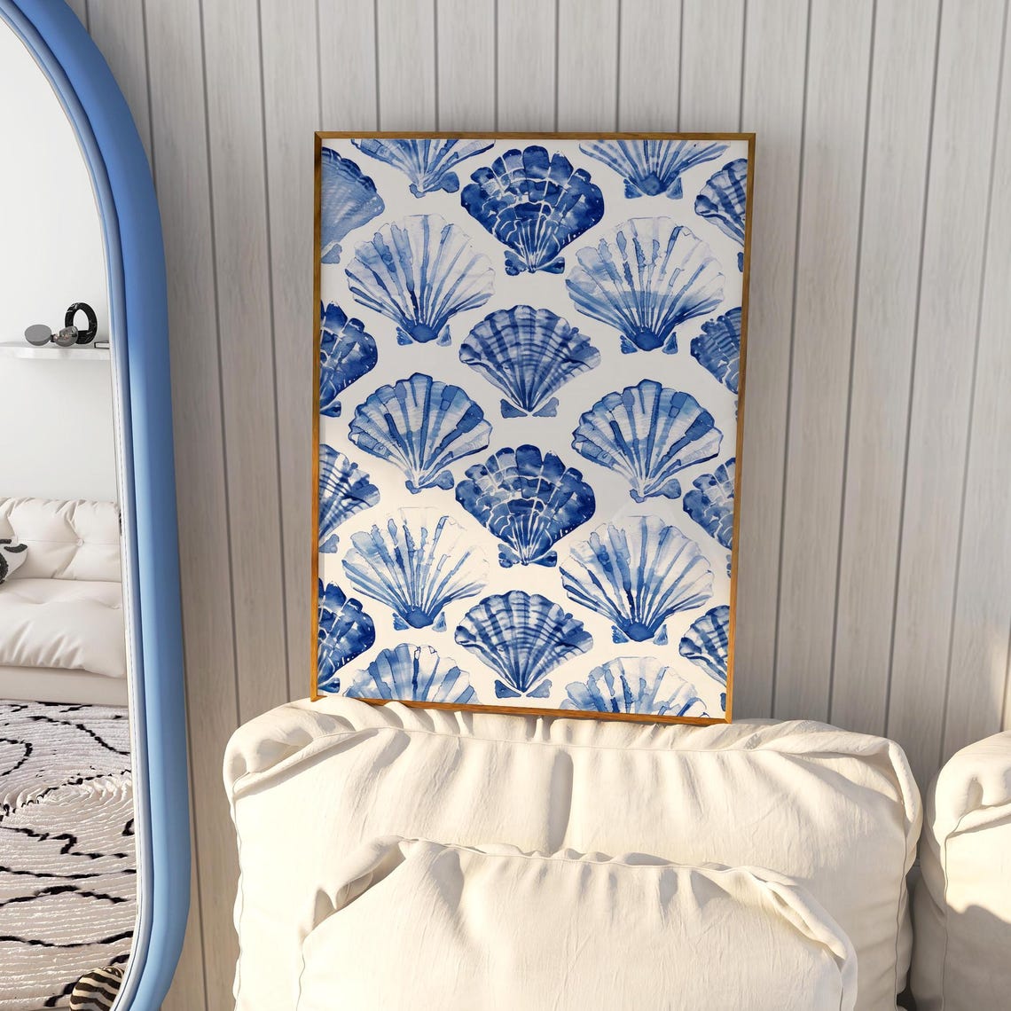 Blue White Scallop Shell Pattern Watercolor Coastal Wall Art