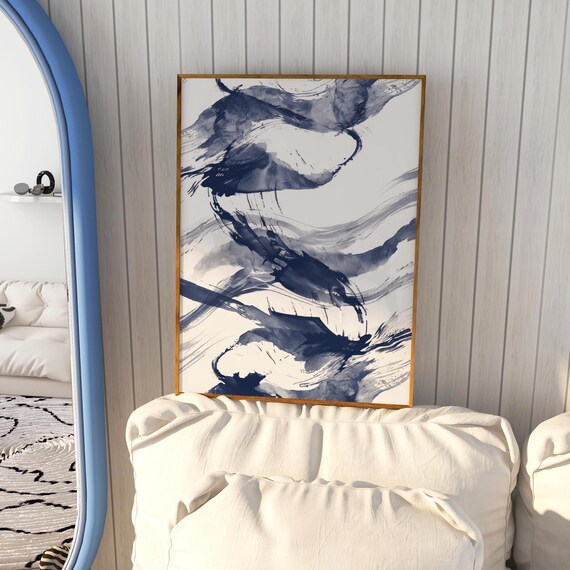 Dark Navy Blue Abstract Watercolor Brushstroke Modern Art Poster
