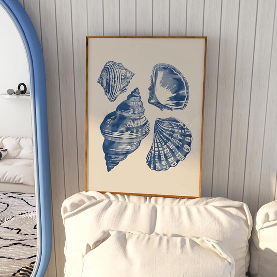 Blue Seashells Watercolor Beach Art Print for Coastal Home Decor