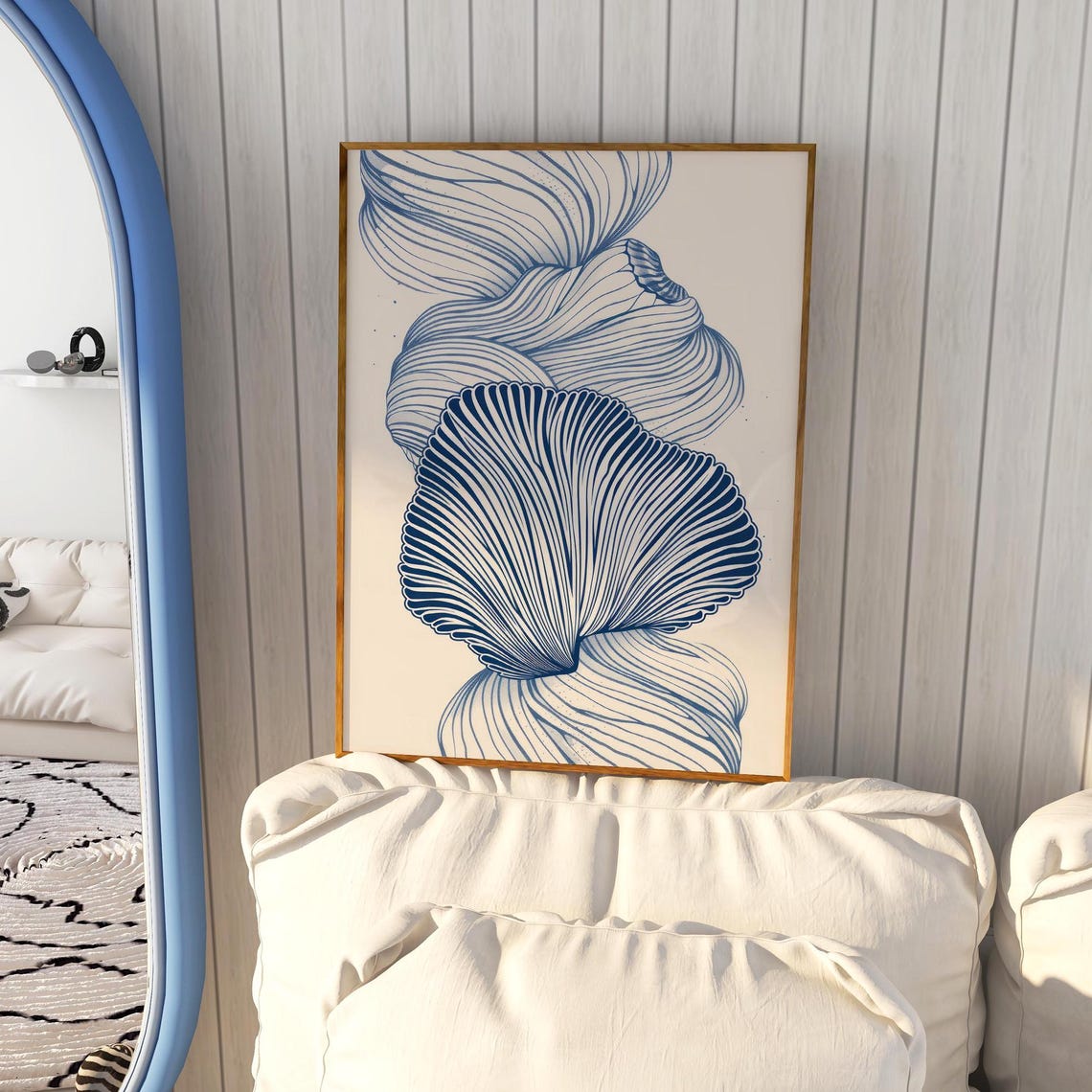 Blue Shell Line Art Abstract Coastal Minimalist Drawing Poster