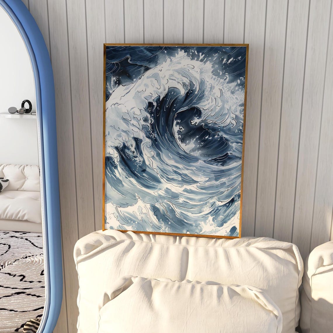 Dark Stormy Ocean Wave Watercolor Dramatic Japanese Style Art Poster