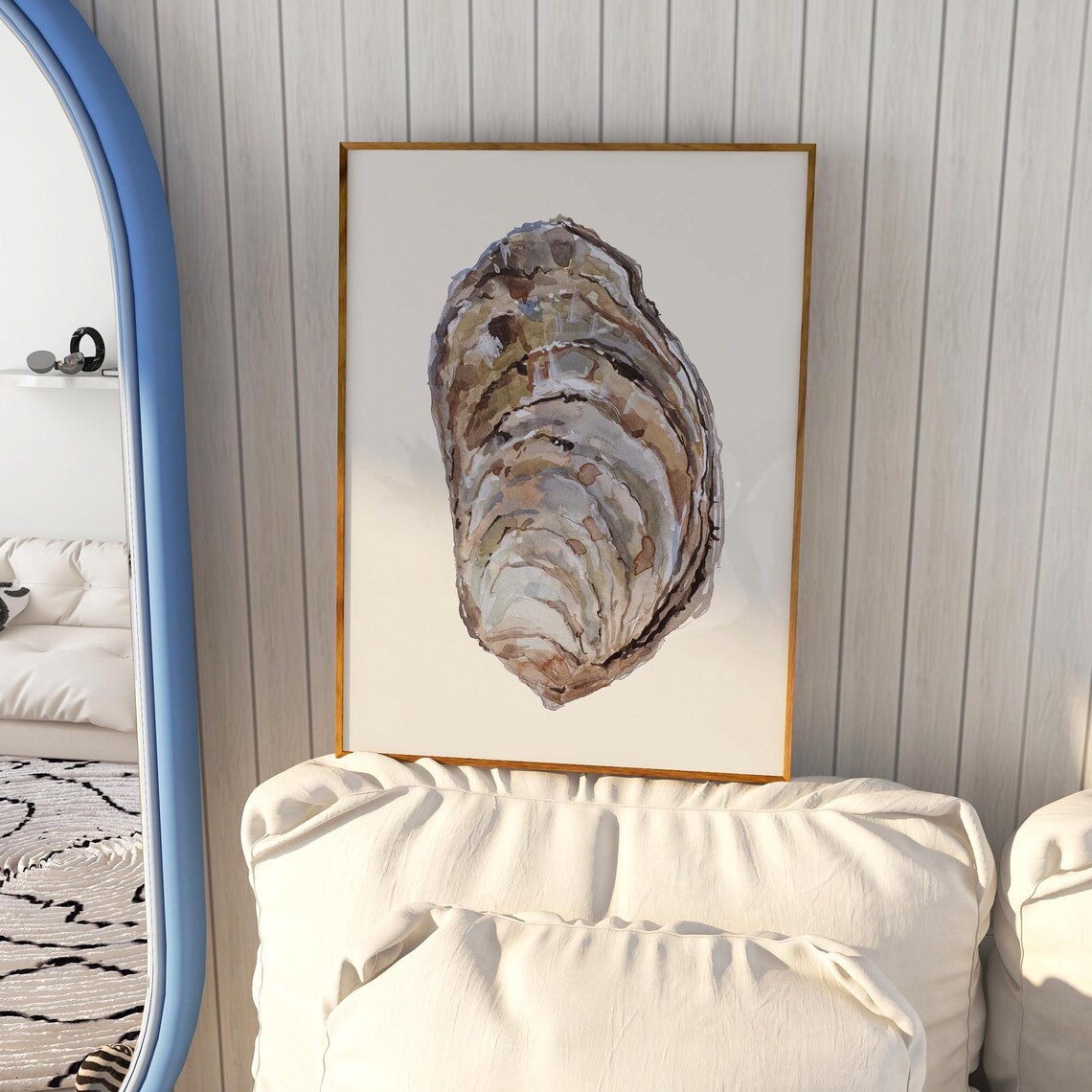 Grey Watercolor Oyster Shell Coastal Minimalist Sea Life Art Print