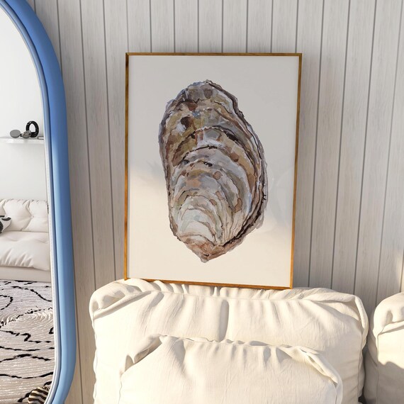 Grey Watercolor Oyster Shell Coastal Minimalist Sea Life Art Print