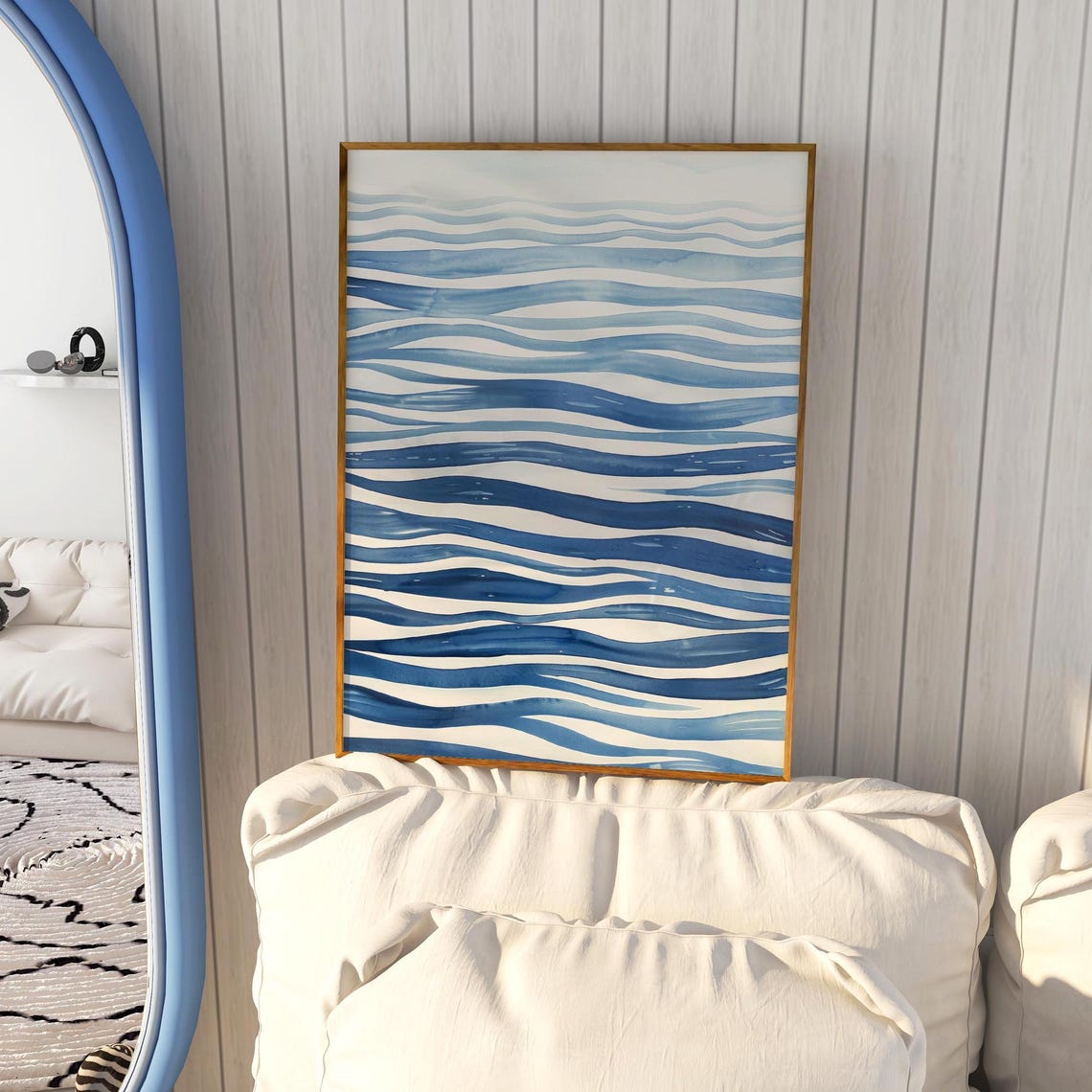Blue Tranquil Waves Abstract Watercolor Ocean Stripes Wall Art