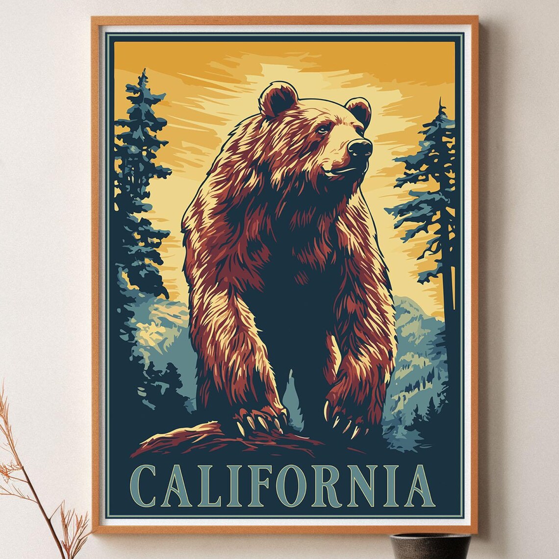 California Grizzly Bear Mountain Forest Sunset Vintage Travel Poster