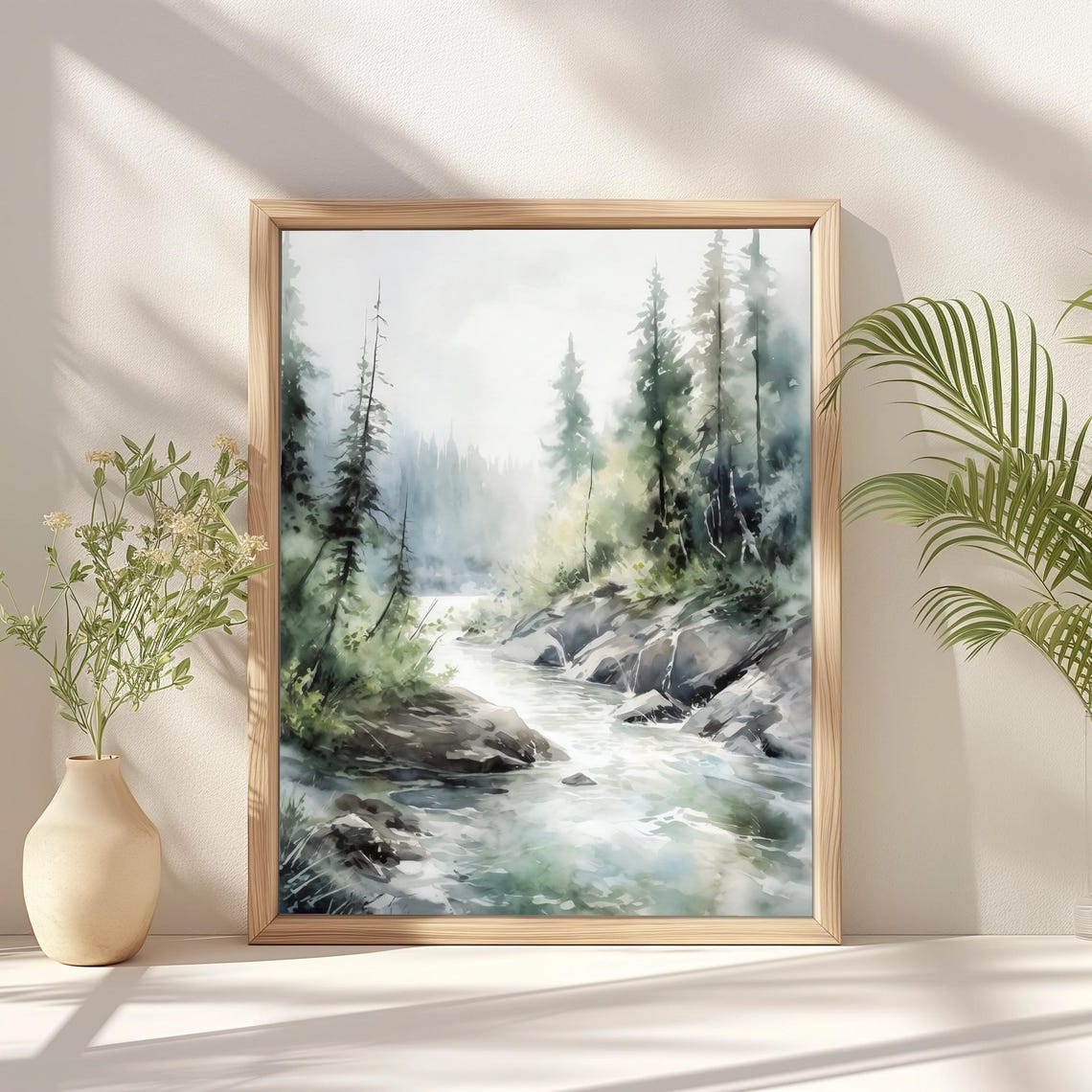 Misty Pine Forest River with Rocky Rapids Watercolor Landscape Poster - Image 4