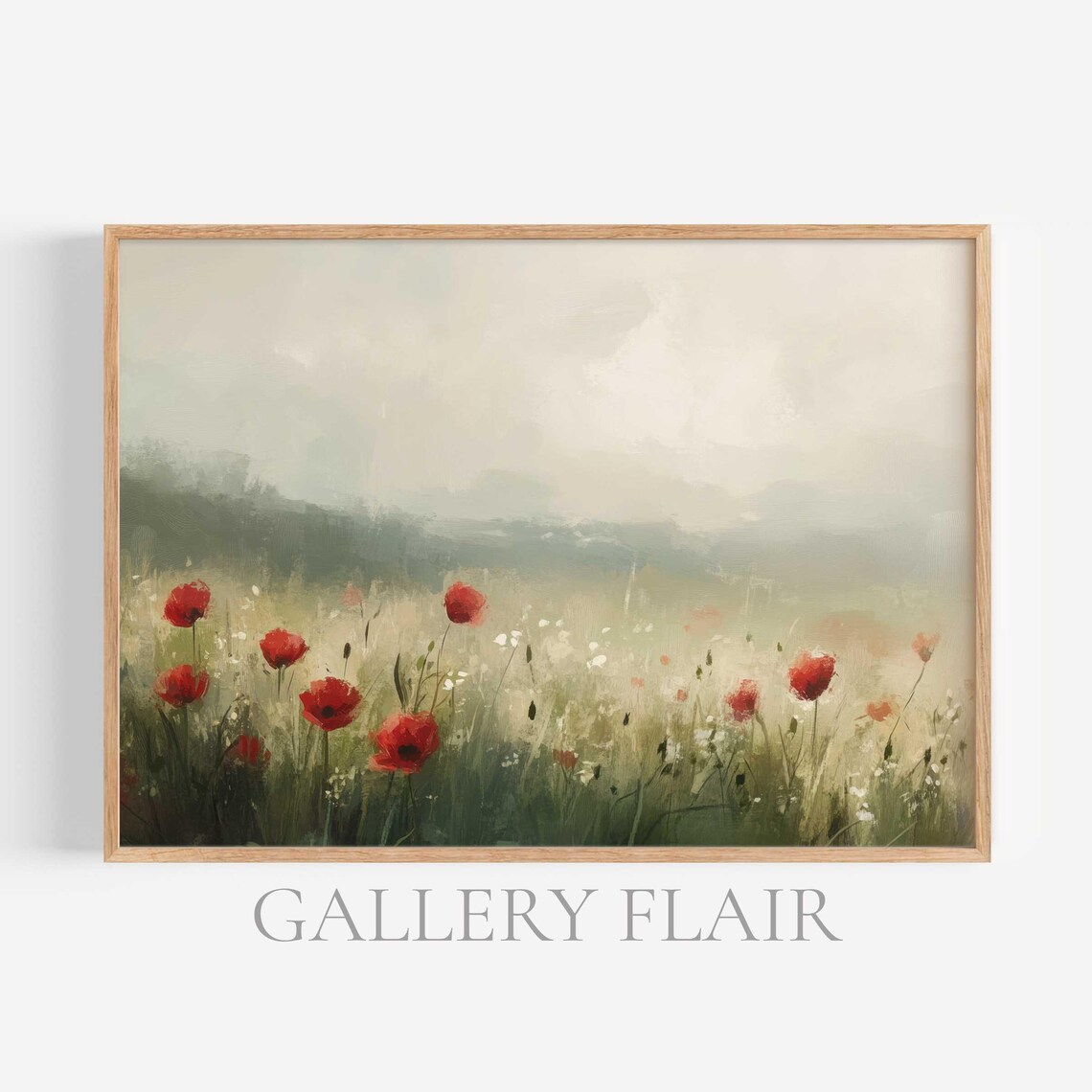 Red Poppies Misty Green Meadow Impressionist Landscape Wall Art