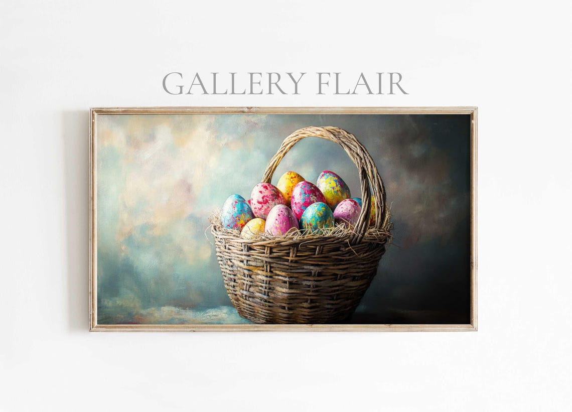 Wicker Basket Colorful Decorated Easter Eggs Moody Still Life Poster