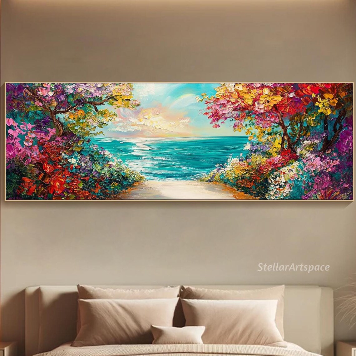 Tropical Beach Cove Colorful Flowering Trees Impasto Seascape Poster
